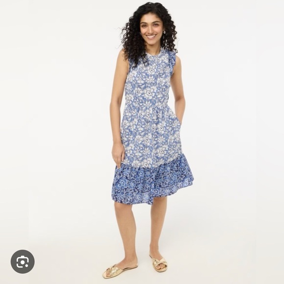 J Crew NWT Ruffle Tiered Blue Size 4 Floral Midi Short Sleeve Dress Cotton Light - Picture 2 of 14